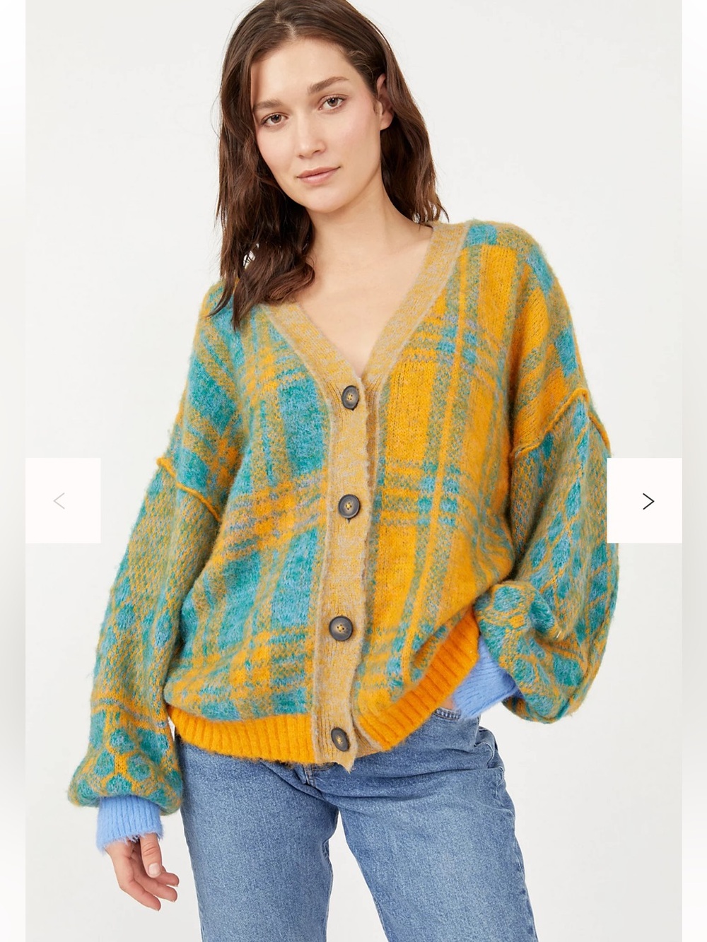 Free People Sepia Plaid Cardigan in Marigold Sky Combo Sz XS OVERSIZED FuzzyWool - Picture 5 of 15